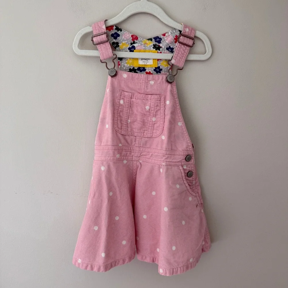 Mini Boden Pink Polka Dot Corduroy Pinafore Dress Girls Size 2-3Y Floral Lined
